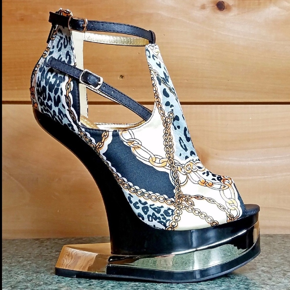 6" Heel Less Wedge Shoe Black Satin Multi Color
